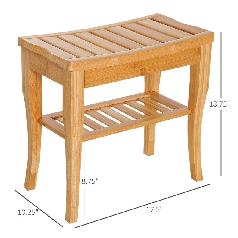HomCom 20" Long Bamboo Wood Shower Bench Seat With Lower Storage Shelf - 10.25*19.75*17.5