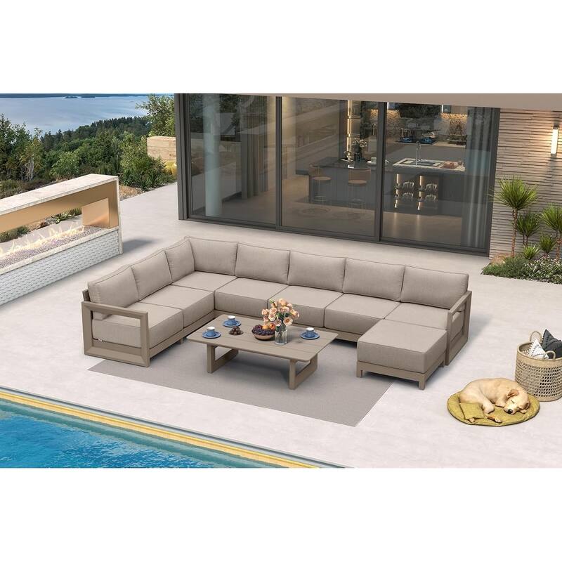 PURPLE LEAF Caesar Sectionals Sofas Khaki with 9.6" Thick Cushion and Table for Living Room Furniture Patio Conversation Sets - 7 Seats+1 Ottoman+1 Table - Reversible