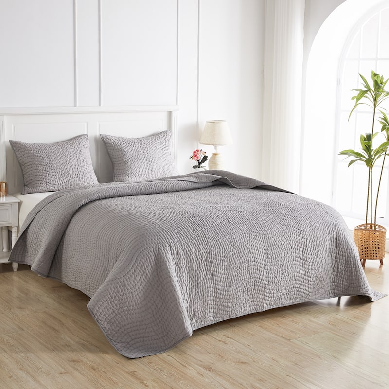 Handstitch Cotton Voile Quilt Set - Light Grey - King - 3 Piece