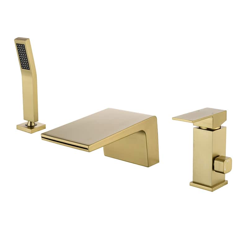 Waterfall Deck Mount Tub Faucet with Hand Shower Brass 3 Holes Modern Bathtub Filler with Valve - Brushed Gold