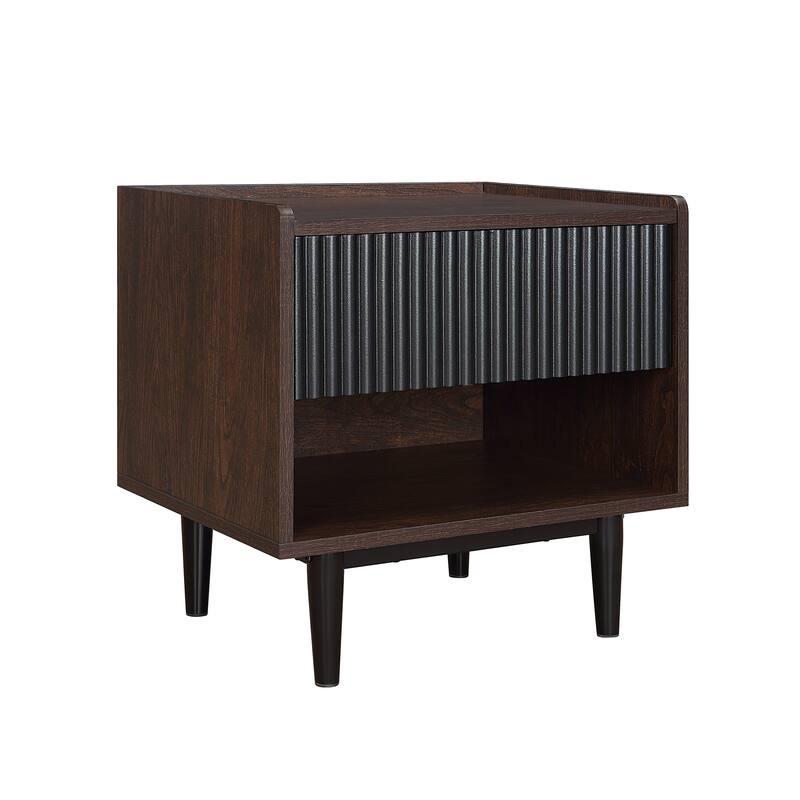 Modern Nightstand with Fluted Design Single Drawer and Open Shelf