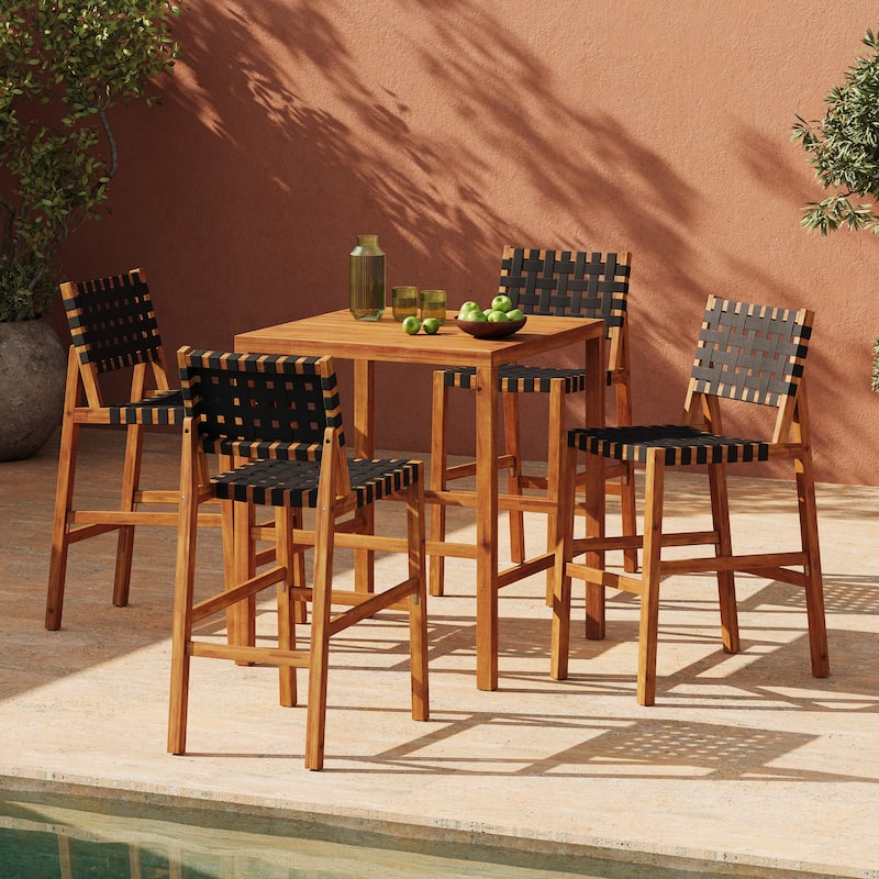 Christopher Knight Home - Solvanta Modern Solid Wood Outdoor 5-Piece Bar Height Dining Set with Rope Woven Bar Stools - Black