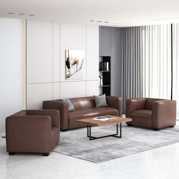 slide 2 of 40, Goyette Faux Leather 3 Piece Club Chair and Sofa Set by Christopher Knight Home Dark Brown/Dark Walnut - 3 Piece