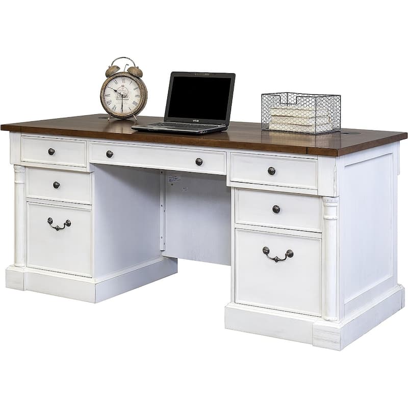 Rustic Wood Double Pedestal Executive Desk, Office Desk, Table, White