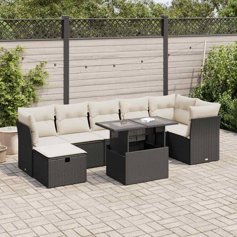 vidaXL Patio Sofa Set with Cushions Outdoor Furniture 8 Piece Poly Rattan - 21.7 x 39.4 x 28.7 in - Black and cream with storage