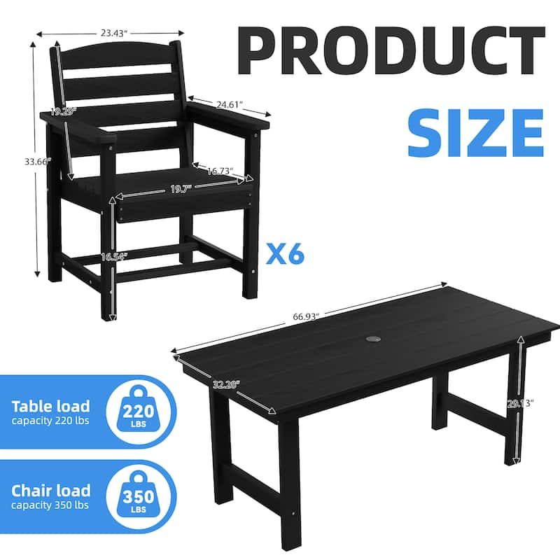 7-Piece HDPE Outdoor Dining Table Sets with Umbrella Hole - 1-Table 6-Chairs