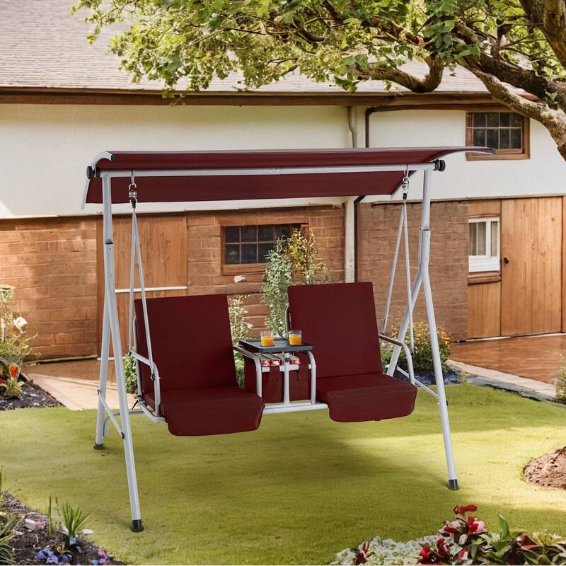 Outdoor Swing with Stand, Canopy, Pivot Table & 2 Cup Holders - Patio, Balcony, Bedroom