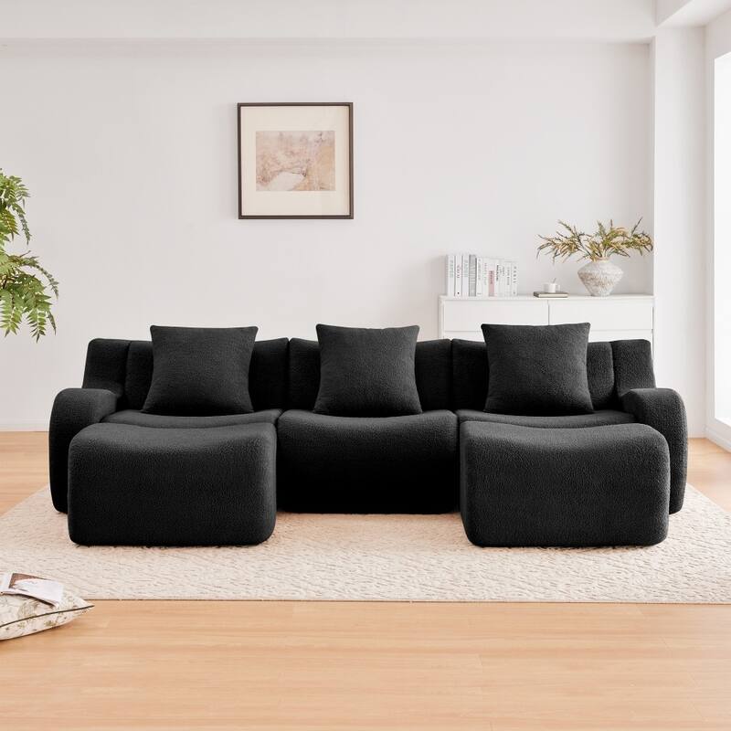 115.3" U-shaped Soft Teddy Fabric Boneless Sectional Sofa for Relaxed