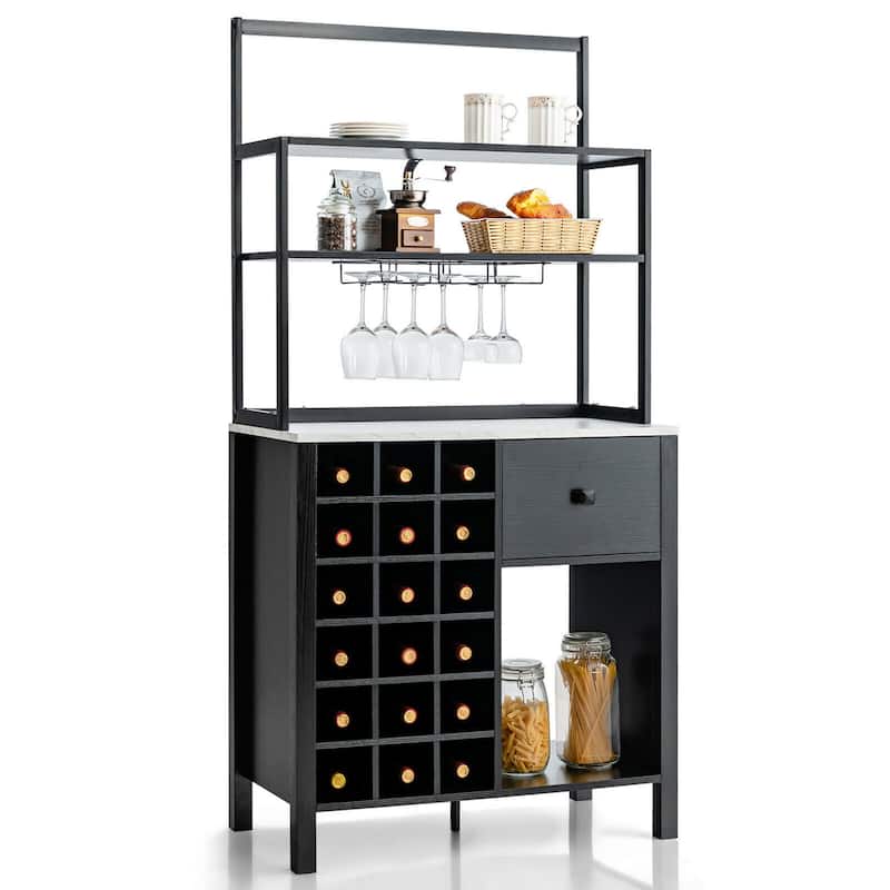 Gymax Kitchen Bakers Rack Freestanding Wine Rack Table w/ Glass Holder - Black