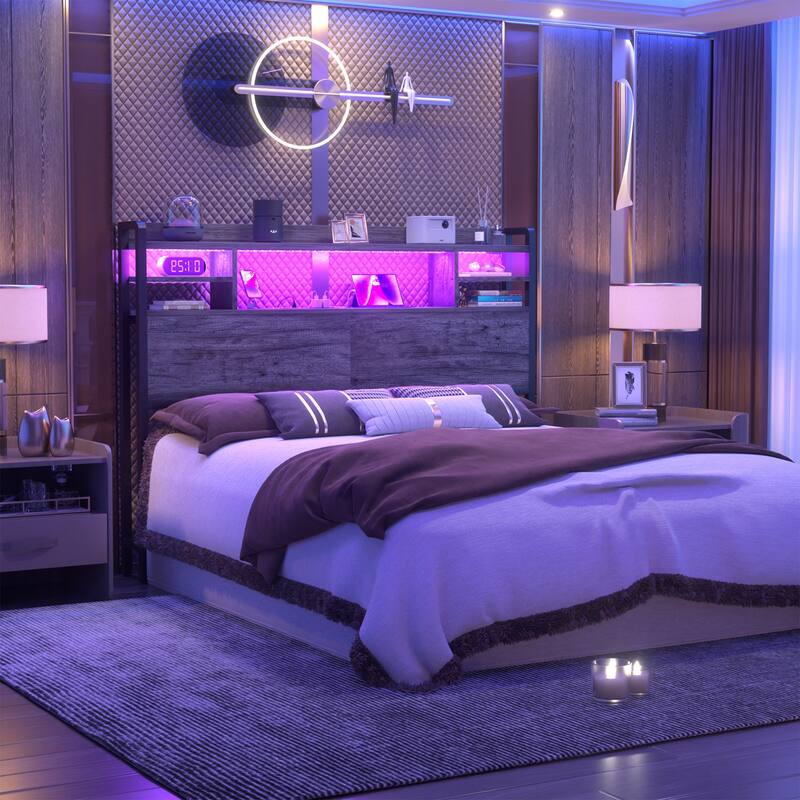 Storage Headboard with USB Port and Power Outlet, Head Board with LED Light for Bed Frame