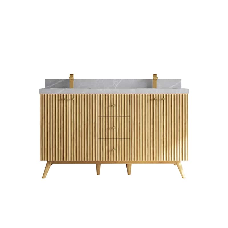 Willow Collections 60 in. W x 22 in. D Pasadena Solid Teak Double Sink Bathroom Vanity with Countertop - 2"Pearl Gray - Light Natural