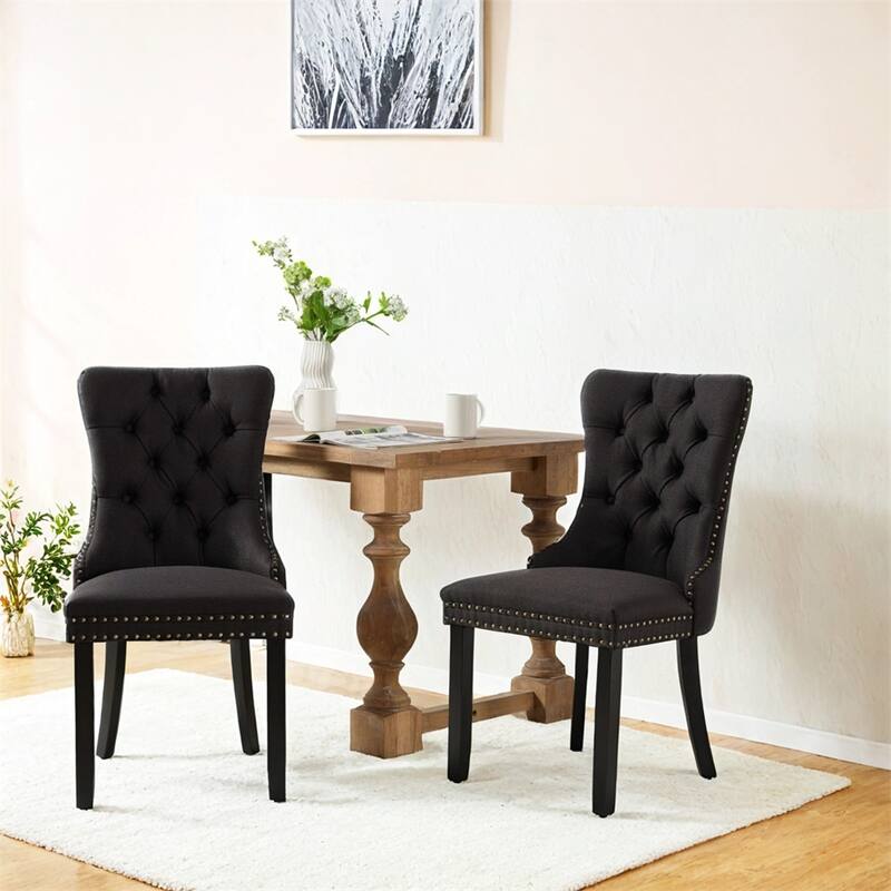 High-end Tufted Solid Wood Flax Upholstered Linen Dining Chair,2 PCS