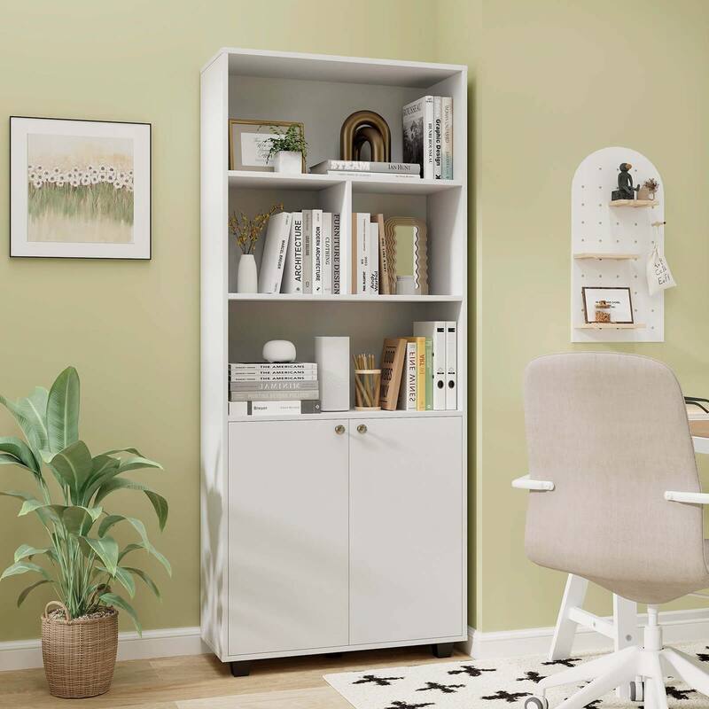 Costway 66" Tall Home 5 Tier Free Standing Bookshelf 2-Door Storage - See Details