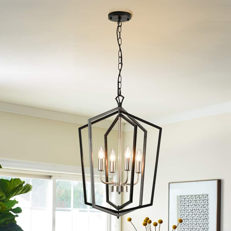 4-Light Farmhouse Lantern Chandelier - N/A - Black&Silver