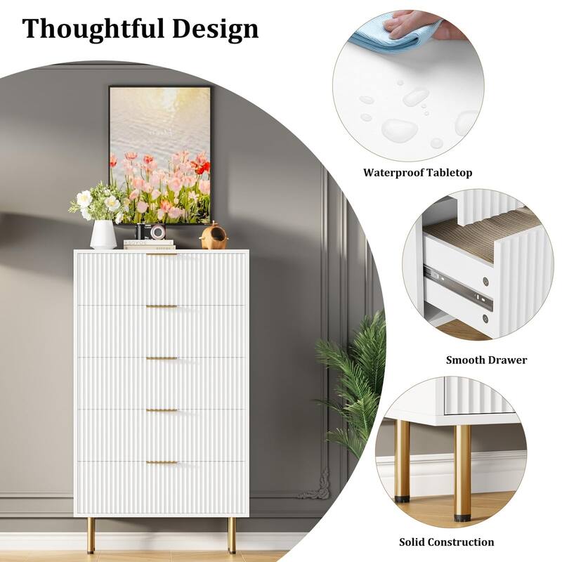 5 Drawer Fluted Dresser for Bedroom, Modern Wooden Storage Chest with Gold Handles