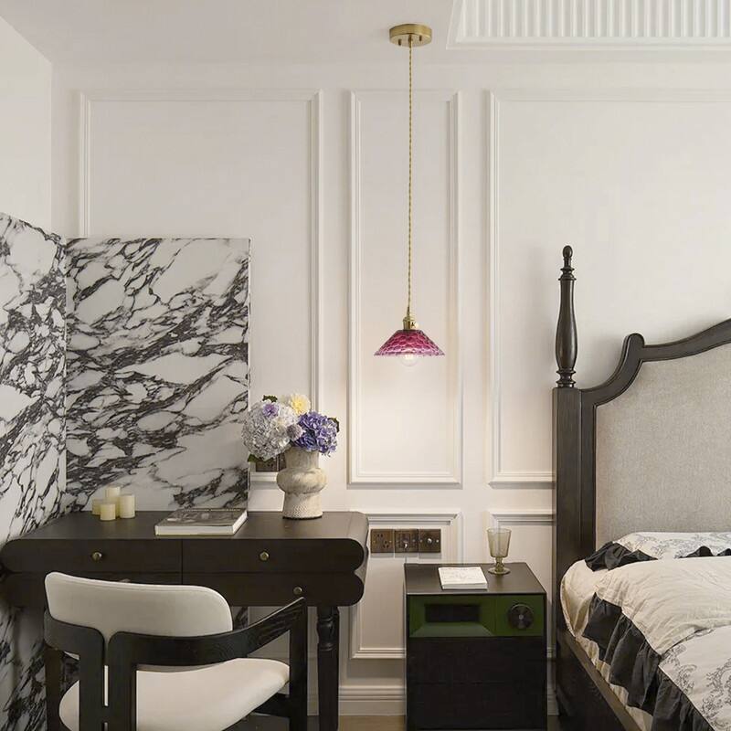 Vintage Glass Pendant Light Purple Red Shade Metal Hanging Lamp Ceiling Fixture - N/A