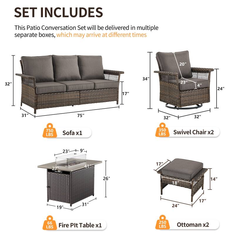 Pocassy 41 in Fire Table with Patio Sofa Swivel Chair Ottoman