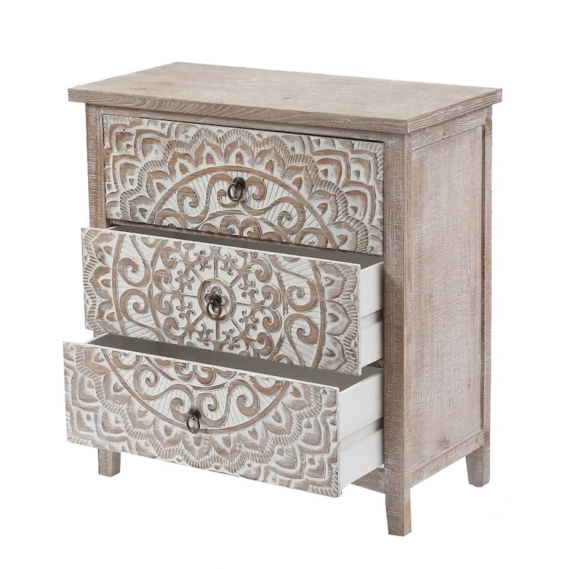 Rustic Natural and Whitewashed Wood Floral 3-Drawer Chest - 30.5" H x 28.5" W x 14.25" D