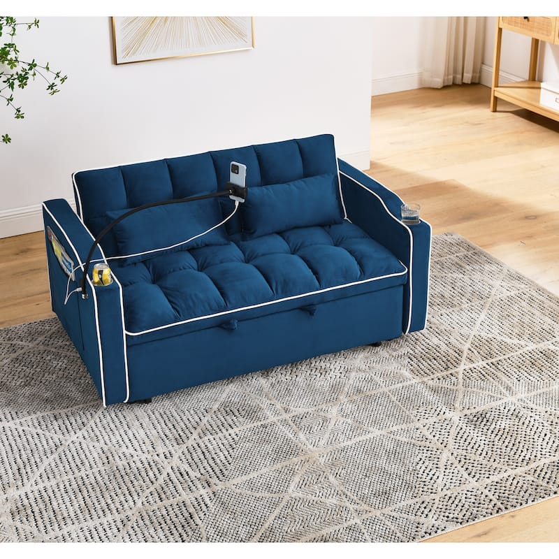 55.51 Inch Foldable Sofa Bed In 3 Lengths,Velvet Pull-out Bed,Adjustable Back,With USB Port And Ashtray And Swivel Phone Stand