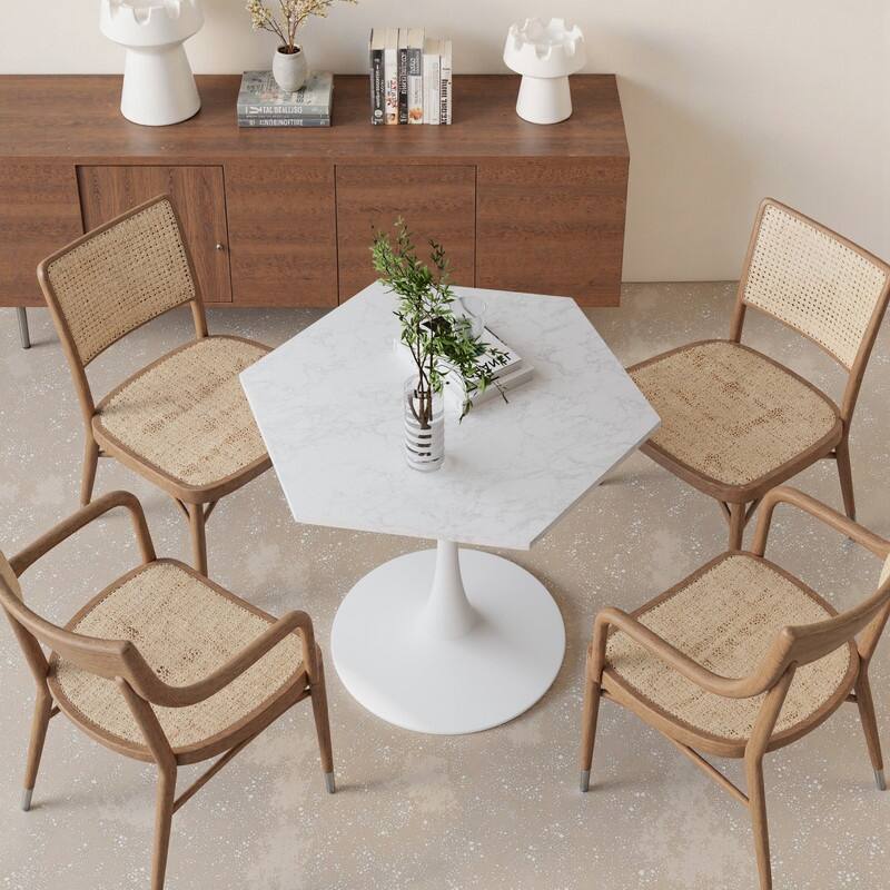 31.5" Modern Hexagonal Coffee Table with White Marble Print & Metal Base