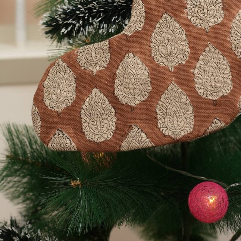 Fabdivine Handmade Linen Floral Block Print Christmas Stocking Home Décor Perfect for Gift - 10"X4.5" - Betal Leaf- Brown