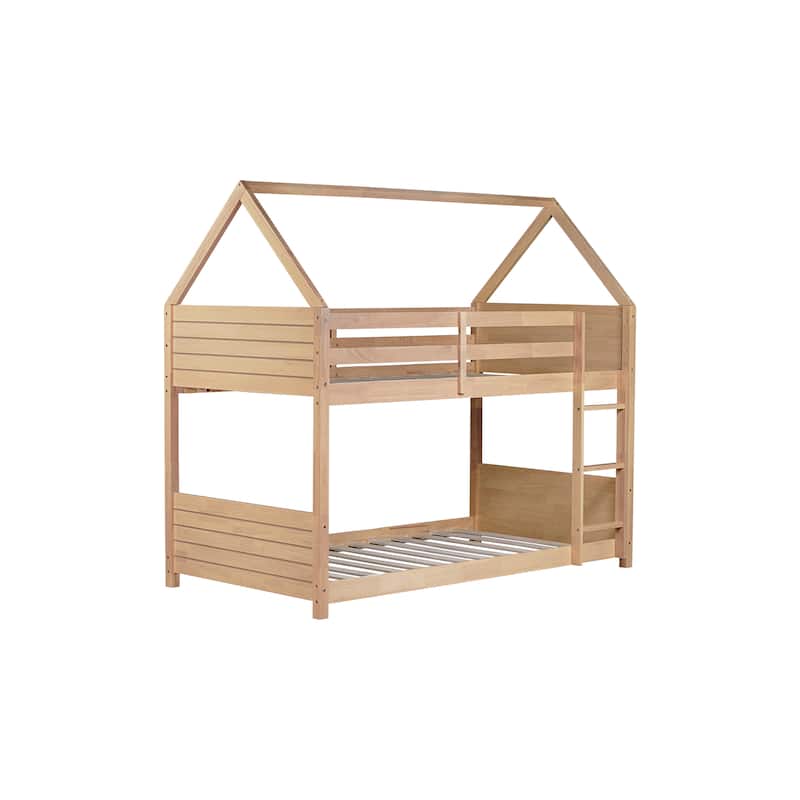 Twin Over Twin House Floor Bunk Bed with Headboards, Footboards, Guardrails, and Ladder in White Oak