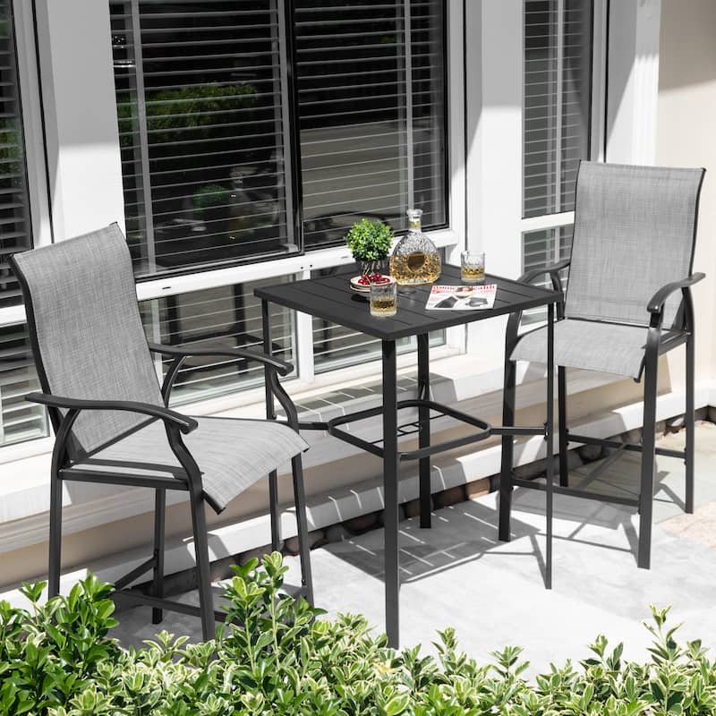 Outdoor 3-Piece Textilene Bar Set, Height Back Bar Stools and Umbrella Hole