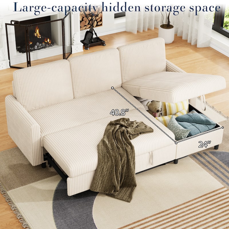 Futzca Convertible Corduroy Sofa Bed with Storage, L-Shaped Sectional Couch