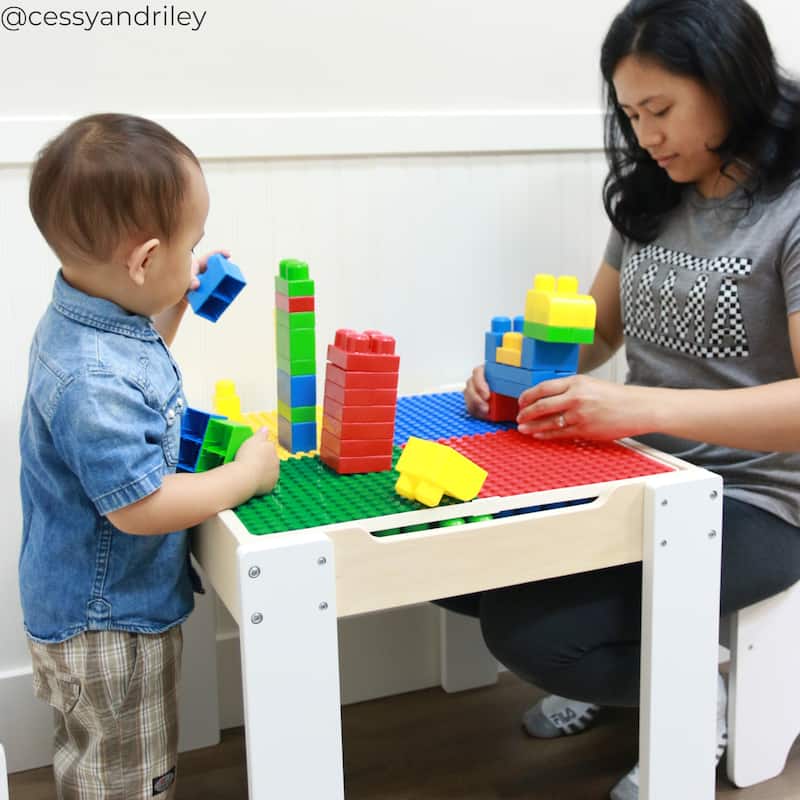 Teamson Kids Wooden Multi-Activity Table with Dry-Erase & Building Block Surface Play Table & Chairs for Toddlers & Kids Room