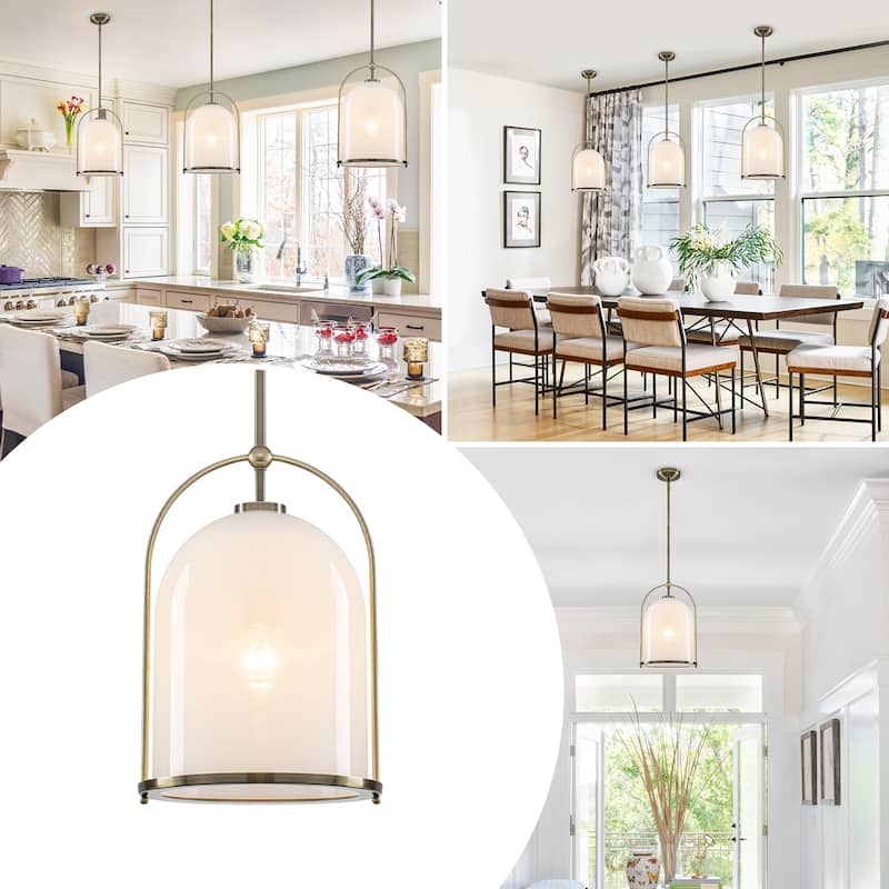 Brushed Gold Bucket Pendant Light with White Glass Dome Bedroom Foyer - Dia.11.02-in