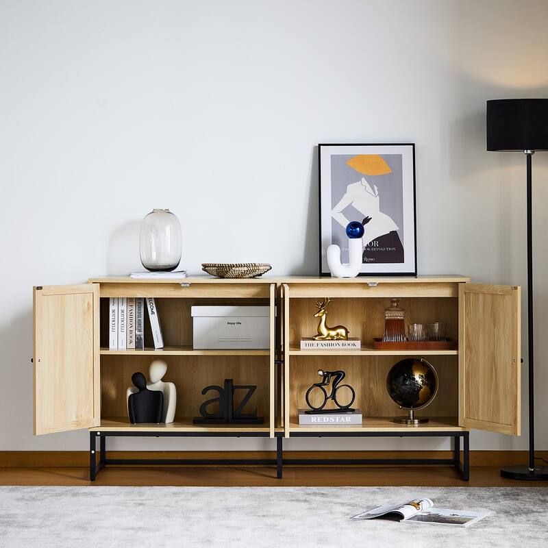Wood Rattan 4-Door Buffet Sideboard With Storage