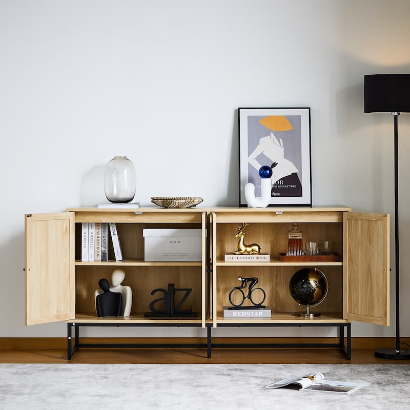 Wood Rattan 4-Door Buffet Sideboard With Storage