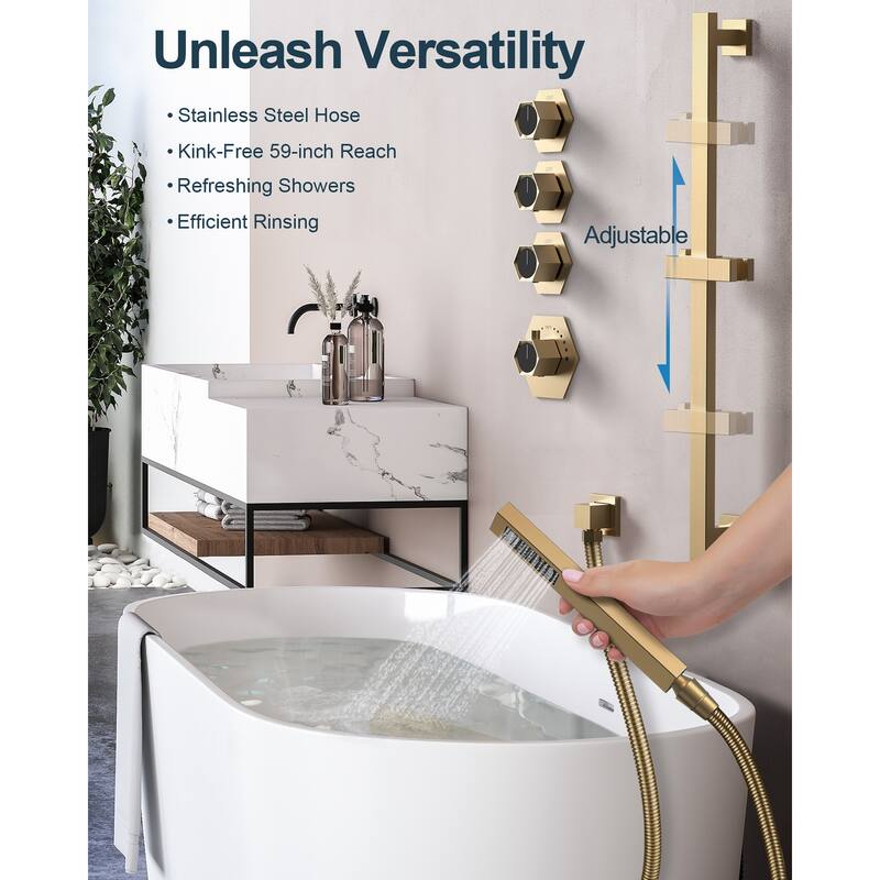 GRANDJOY Shower Faucet System 16 inch Ceiling Mount Shower Head 3 Spray Modes Handheld Spray with Slide Bar LED Music
