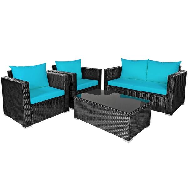 Shop Gymax 4pc Rattan Patio Furniture Set Outdoor Wicker With Turquoise On Sale Overstock 27282445