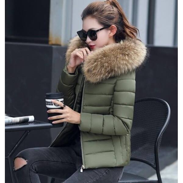 Shop Womens Army Green Hooded Slim Fit Winter Zip Up Short Coat