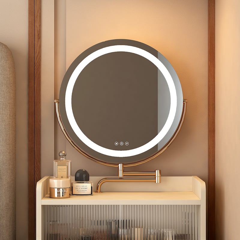 3 in 1 Small Vanity, Makeup Table with Mirror and Light, Vanity Table Set with 2 Drawers and Upholstered Stool