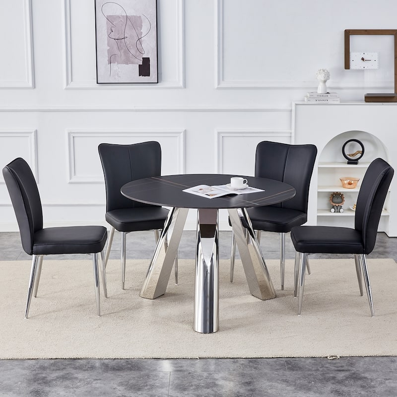 5-Piece Round Dining Table Set with Stain-Resistant Surface, PU Chairs, Military-Grade Steel Legs,Scratch-resistant