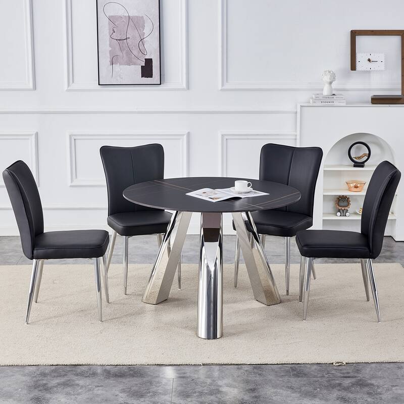 Modern Round Dining Table with 4 PU Chairs, Coffee Table & Chairs Set Breakfast with 4 Upholstered Chairs