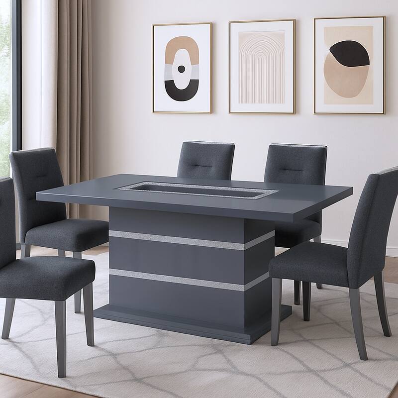 HomeRoots 79" Dark Gray Faux Crystals Glass and Wood Pedestal Base Dining Table - 79 in. x 31 in. x 39 in. - Dark Gray - 79 in. x 31 in.  x 39 in.