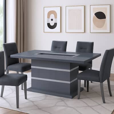 HomeRoots 79" Dark Gray Faux Crystals Glass and Wood Pedestal Base Dining Table - 79 in. x 31 in. x 39 in.