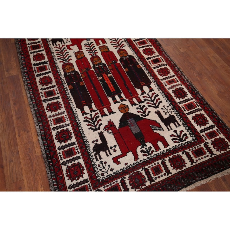 Hunting Design Balouch Foyer Rug Hand-Knotted Wool Carpet - 3'6" x 6'0"