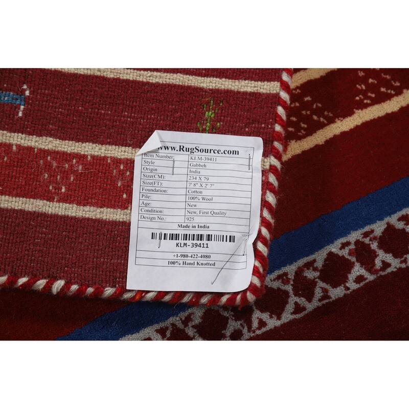 Striped Red Gabbeh Indian Runner Rug Hand-Knotted Wool Carpet - 2'7" x 7'8"