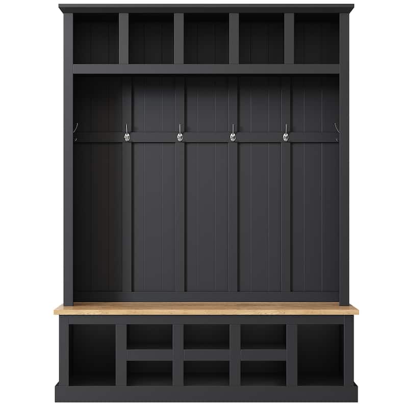 Hall Tree Storage Cabinet with 4 Hidden Hooks, Bench, and Open Compartments
