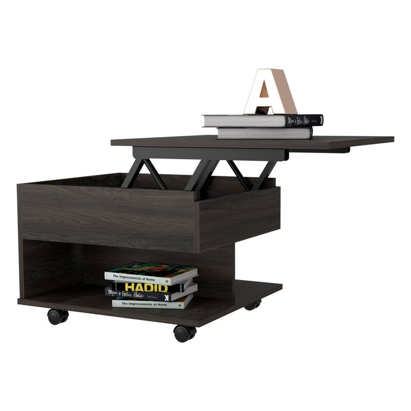 FM Furniture Portland Lift Top Coffee Table with Open Shelf and 4 Locking Caster Wheels