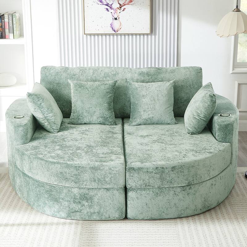 Curved Chaise Lounge Sofa for Living Room, Upholstered Sleeper Sofa Bed Boneless Couch with Cup Holders