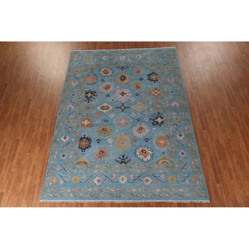 All-Over Blue Floral Oushak Indian Area Rug Handmade Wool Carpet - 8'9"x 12'0"