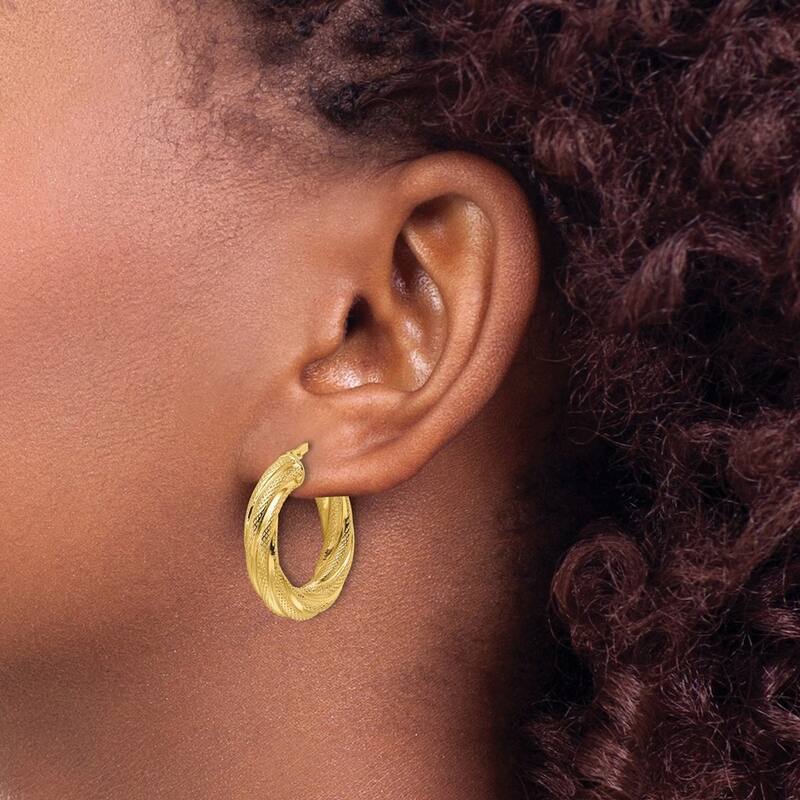 Curata 10k Yellow Gold 24x4.7mm Textured Twist Round Hoop Earrings