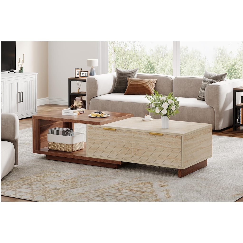 42.13" Extendable Walnut & Oak Coffee Table with 2 Storage Drawers