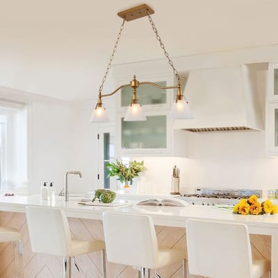 Modern 3-Light Glass Linear Chandeliers Antique Gold Islands Lights - L31.5" x W6" x H12"
