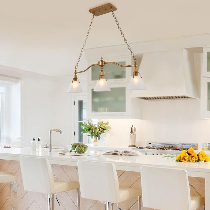 Modern 3-Light Glass Linear Chandeliers Antique Gold Islands Lights - L31.5" x W6" x H12"